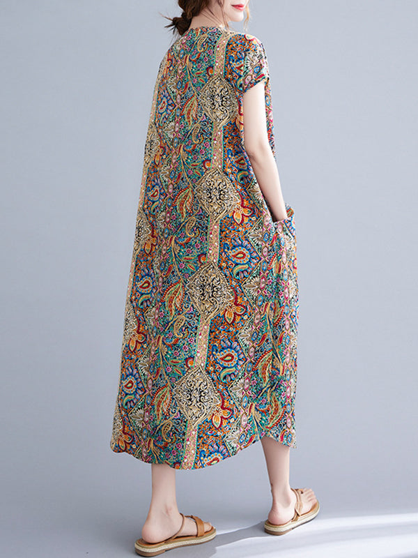 Original Artistic Retro Loose Floral Printed Vacation Midi Dress