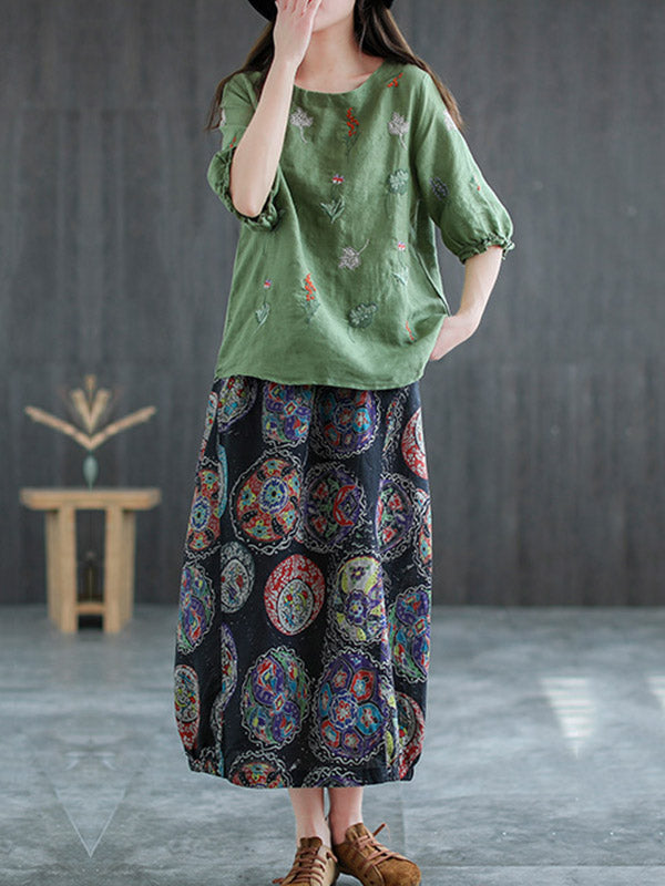 Ramie Cotton Embroidered Round-Neck Short Sleeve T-Shirts Tops