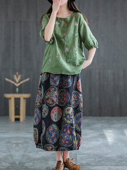 Ramie Cotton Embroidered Round-Neck Short Sleeve T-Shirts Tops