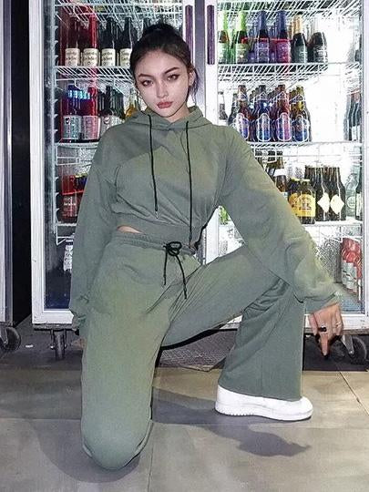 Loose Solid Drawstring Hoodie&Pants Sports Suits