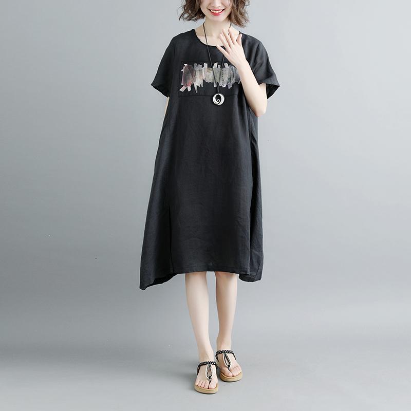 Casual Summer Short Sleeve Black Pockets Slit Dress