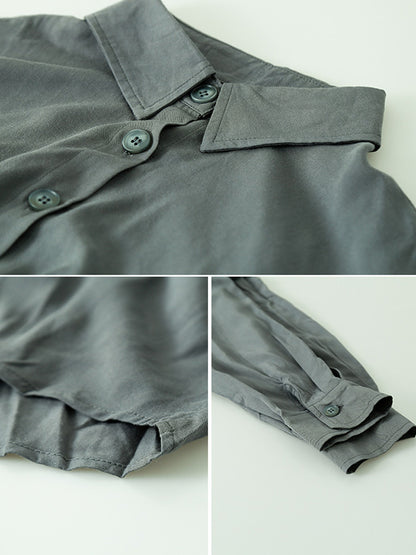 Simple Solid Color Buttoned Lapel Long Sleeves Shirt Dress