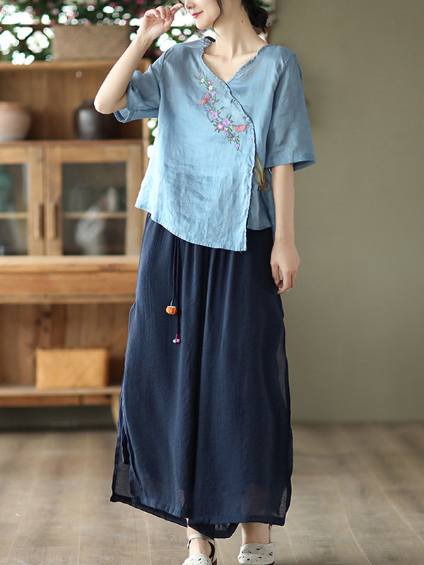 Vintage Artistic Retro Ramie Cotton Embroidered T-Shirt Top