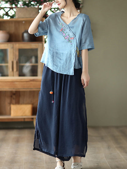 Vintage Artistic Retro Ramie Cotton Embroidered T-Shirt Top