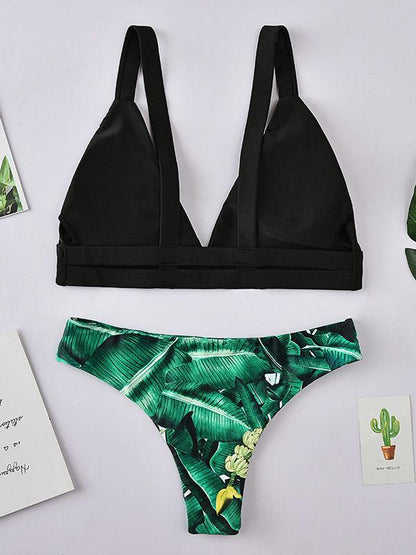Floral-Print Deep V-Neck Split Bikini Swimsuit