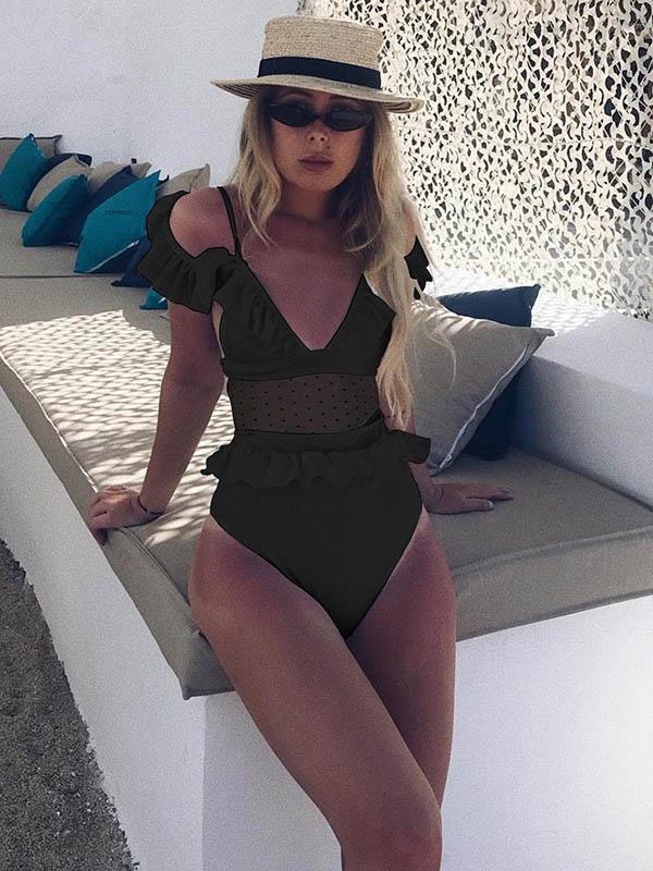 V-neck Falbala Gauze One-piece Swimwear