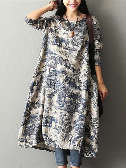 Casual Cotton Long Dress in Natural Print