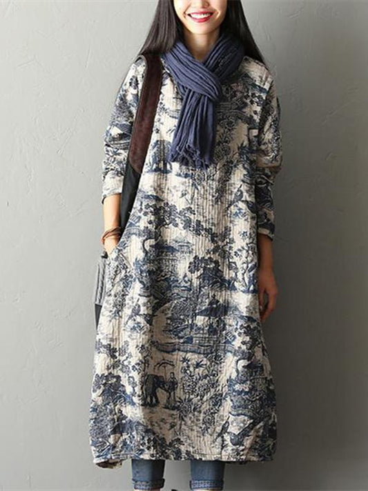 Casual Cotton Long Dress in Natural Print