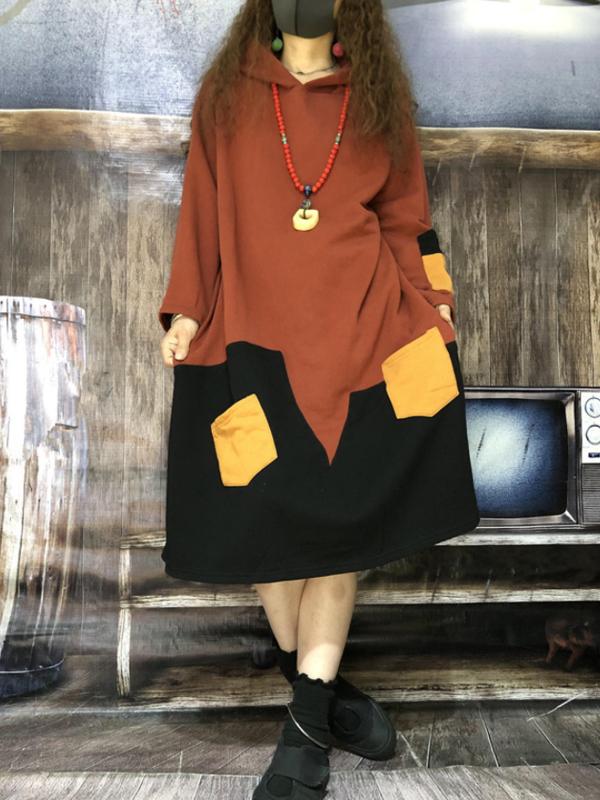 Buykud Color Block Spliced Hooded Loose Dress