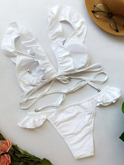 Lettuce Frilled Cross Strappy Plain Bikini Swimsuit