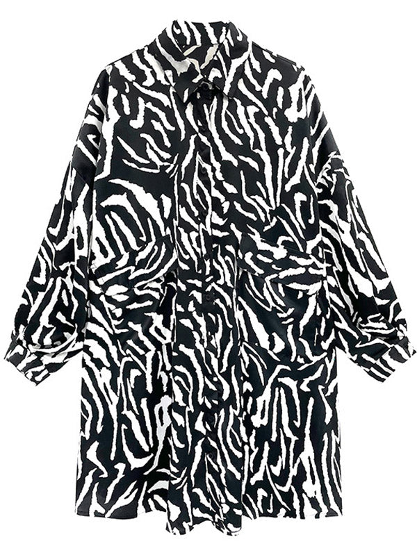 Stylish Printed Buttoned Batwing Sleeve Lapel Blouse Tops