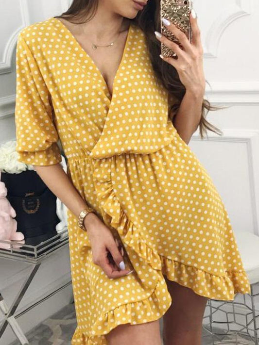 Fashion Ruffled Polka-Dot V-neck Mini Dresses