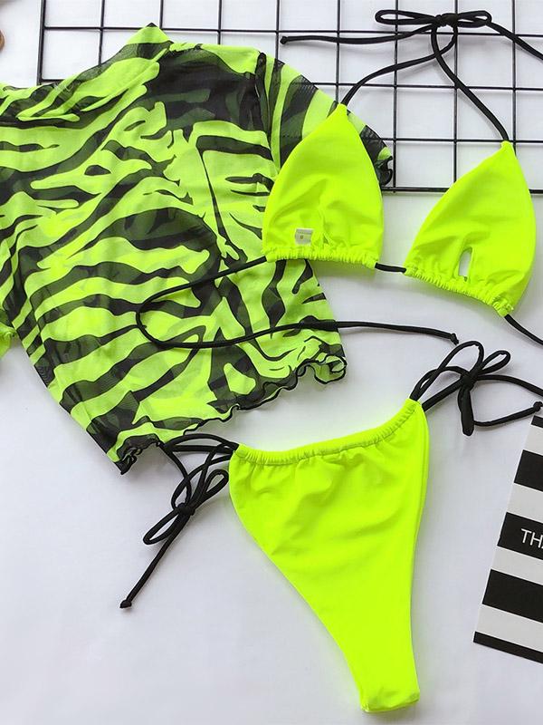 Three-Piece Printed Half-Sleeve Split Bikini Swimsuit
