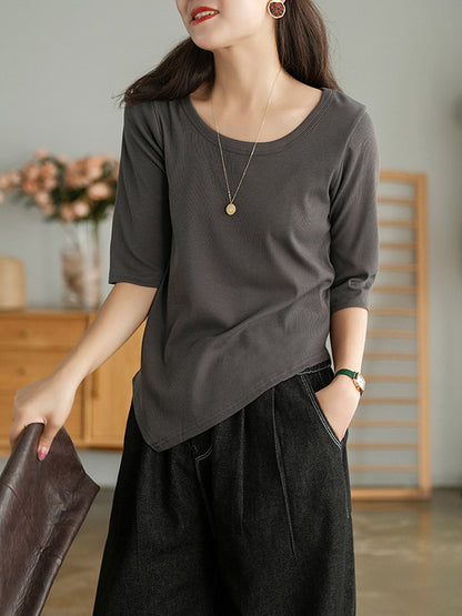 Simple Asymmetric Irregular Clipping Round-Neck Short Sleeves T-Shirt