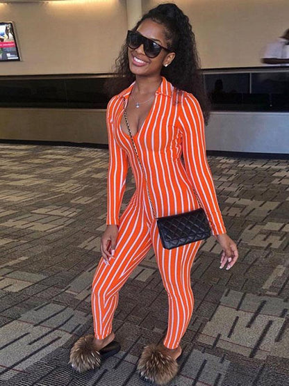 V-neck Striped Sports Jumpsuits
