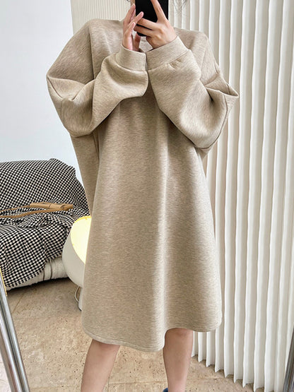 Simple Loose Solid Color Split-Joint Round-Neck Long Sleeves Midi Dress