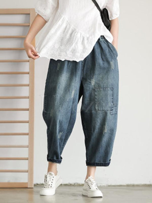 Loose Retro Patches Drawstring Ninth Harem Pants