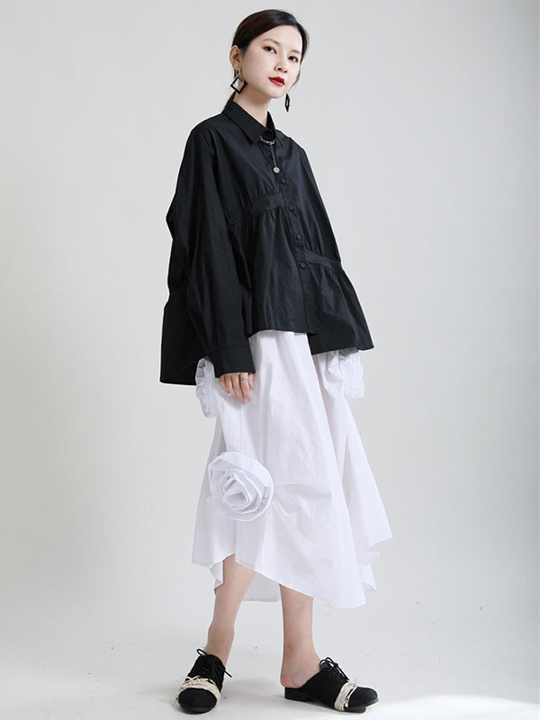 Original Irregular Solid Color Split-Joint Pleated Buttoned Lapel Collar Long Sleeves Blouse