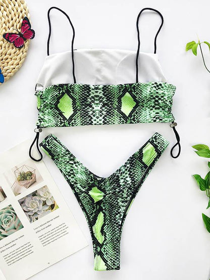 Snake-Print Bandage Split Bikini Swimsuit