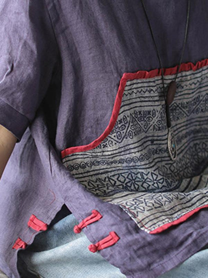 Retro Linen Pocket Split-side T-shirt