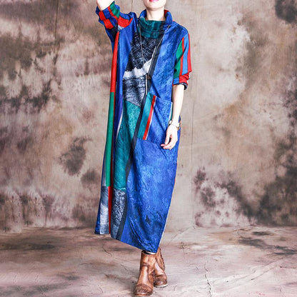 Personalized Multicolored Printed Turtleneck Warm Dress