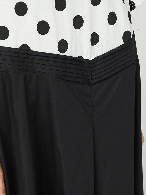 Original Split-Joint Polka-Dot Contrast Color Round-Neck Short Sleeves Midi Dress
