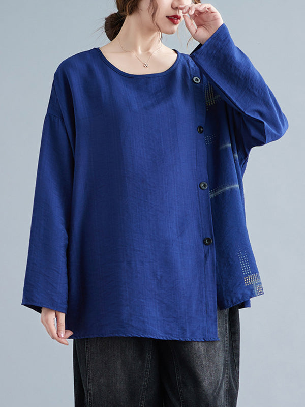 Casual Asymmetric Buttoned Round-Neck Long Sleeves T-Shirt Tops