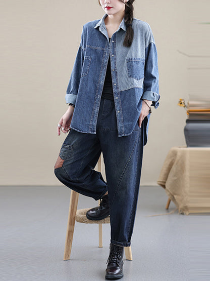 Casual Asymmetric Split-Joint Buttoned Lapel Long Sleeves Blouse Tops