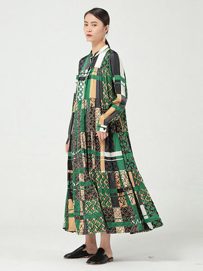 Original Bohemia Pleated Buttoned Stand Collar Long Sleeves Midi Dress