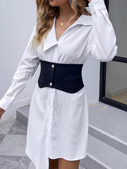 Original Buttoned Contrast Color Lapel Long Sleeves Asymmetric Mini Dress