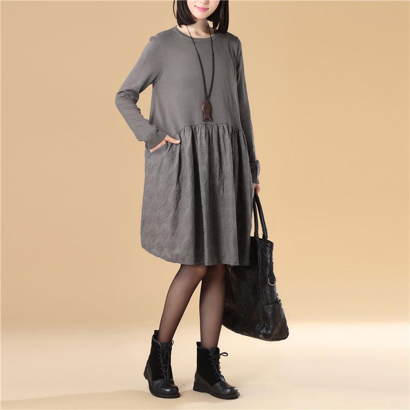 Embroidered Women Long Sleeve Folded Splicing Gray Sweater Dress