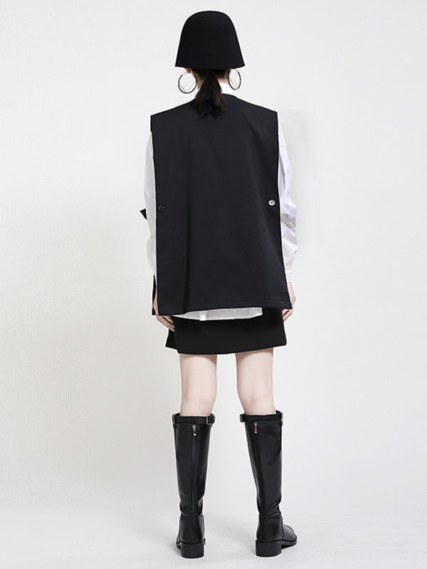Stylish Urban Contrast Color Buttoned Lapel Collar Long Sleeves Blouse+Sleeveless Vest Outwear