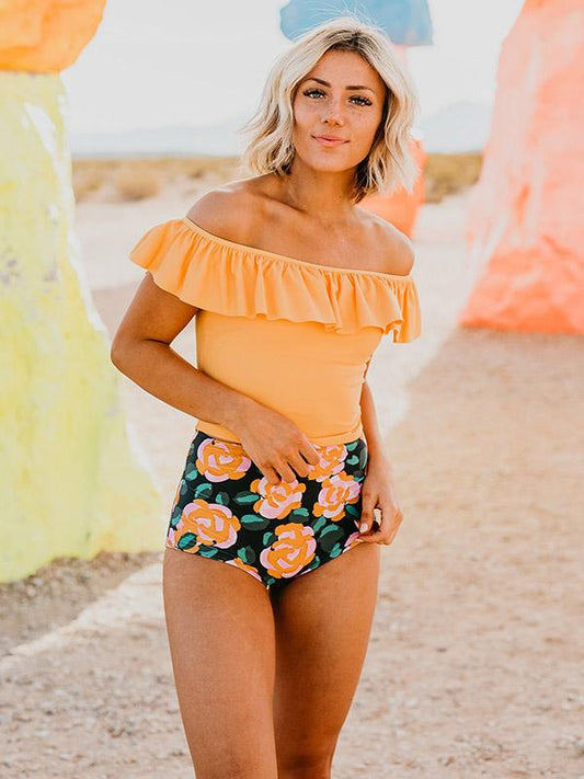 Off-the-shoulder Falbala Tankini Swimsuit