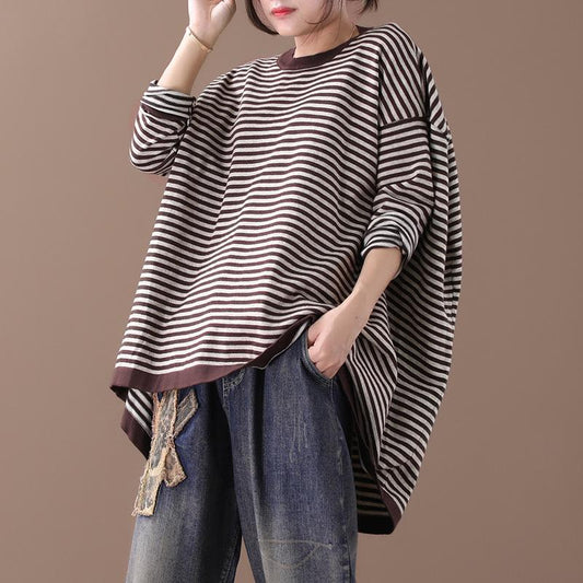 Buykud Ultra-loose Classic Striped Round Neck Blouse