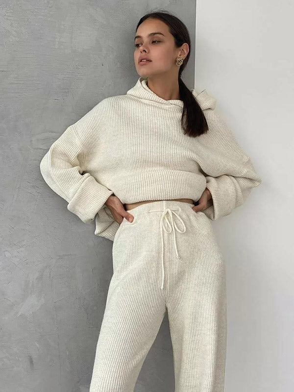 Simple Casual Solid Color Knitted Hoodies+Knitted Elasticity Wide Leg Pants 2 Pieces Set