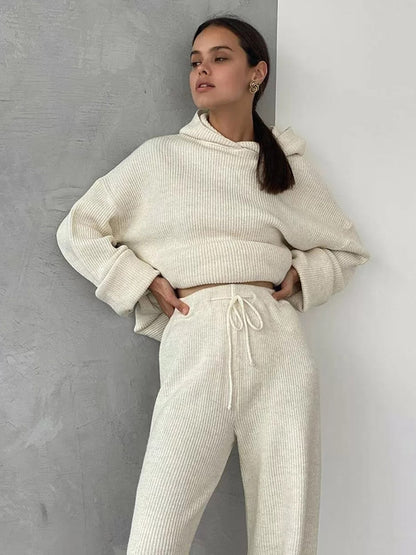 Simple Casual Solid Color Knitted Hoodies+Knitted Elasticity Wide Leg Pants 2 Pieces Set