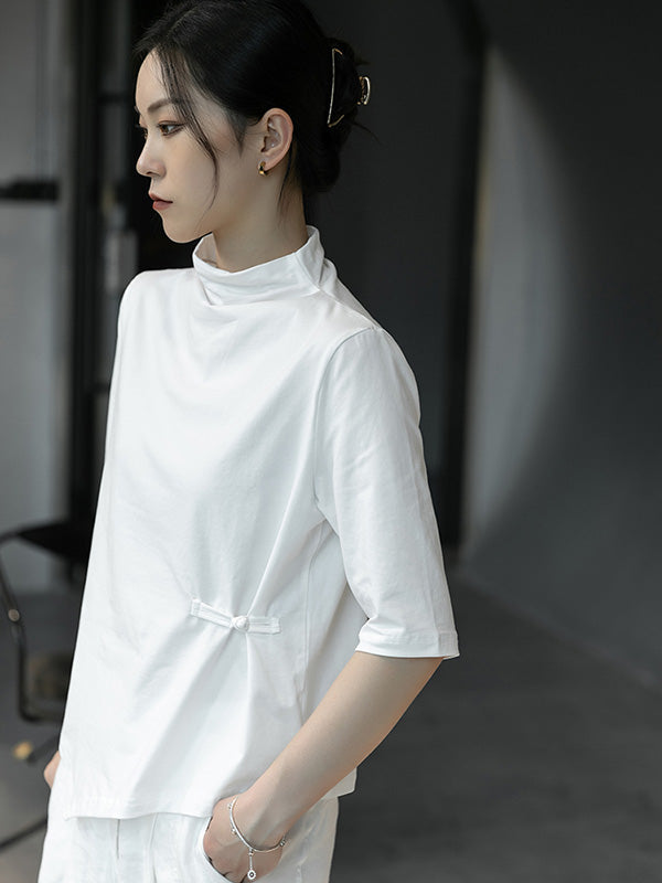 Simple White Stand Collar Half Sleeve Asymmetric T-Shirt
