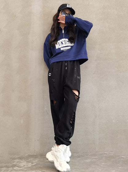 Casual Letter Printed Zipper High-Neck Long Sleeves Sweatshirts