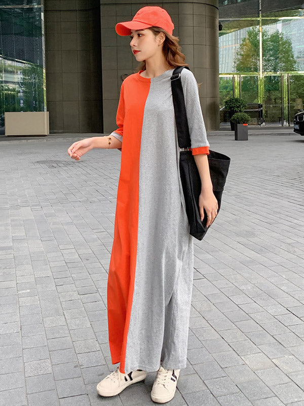 Casual Color Matching Round-Neck Long Sleeves Maxi Dress