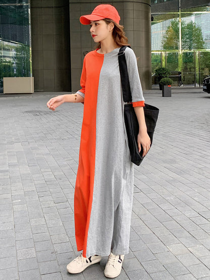 Casual Color Matching Round-Neck Long Sleeves Maxi Dress