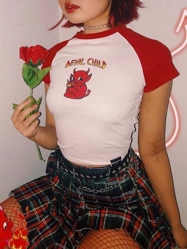 Contrast Color Printed Short Sleeves T-Shirts Tops