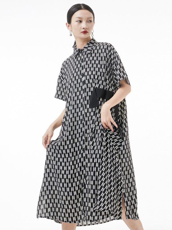 Original Loose Rhombic Printed Midi Shirt Dress