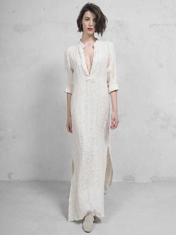 Simple Ramie Cotton V-neck Maxi Dress