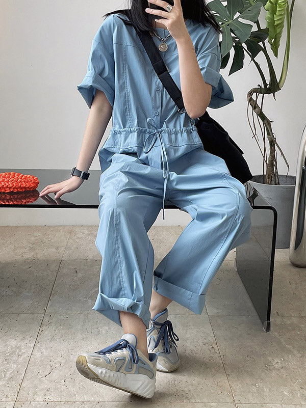 Urban Drawstring Elastic High Waisted Short Sleeves Wide Leg Jumpsuits