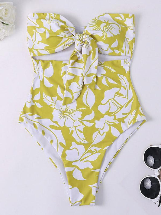 Strapless Bowknot Floral Printed One-Piece Swimwear