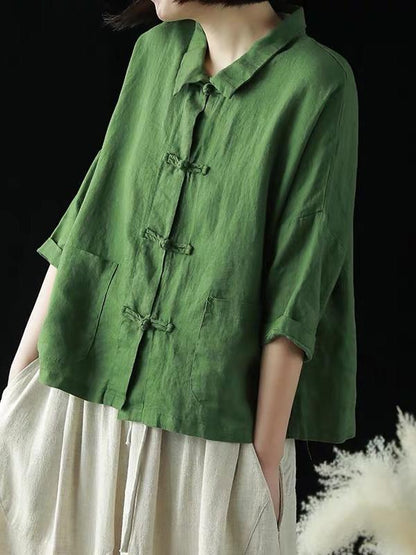 Casual Retro Lapel Frog Linen Shirt Top