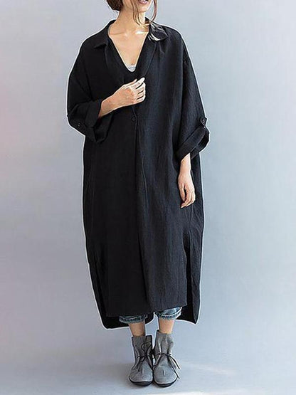 Loose Cotton Black Lapel Split-side Long Dress