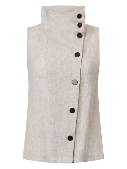 Vintage Ramie Cotton Split-Side Sleeveless Stand Collar Vest Top