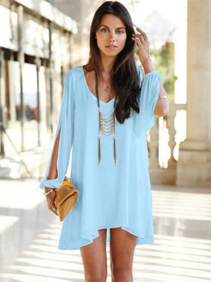 Chiffon Solid Color V Neck Mini Dress