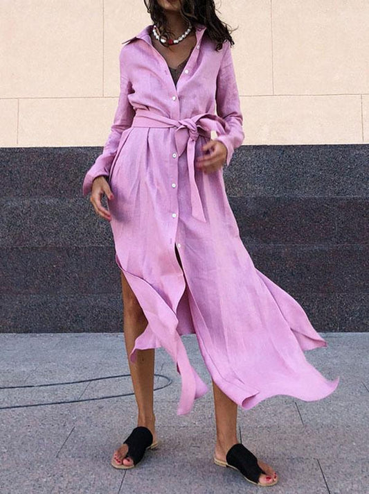 V-neck Long Sleeves Shirt Belted Maxi Dress